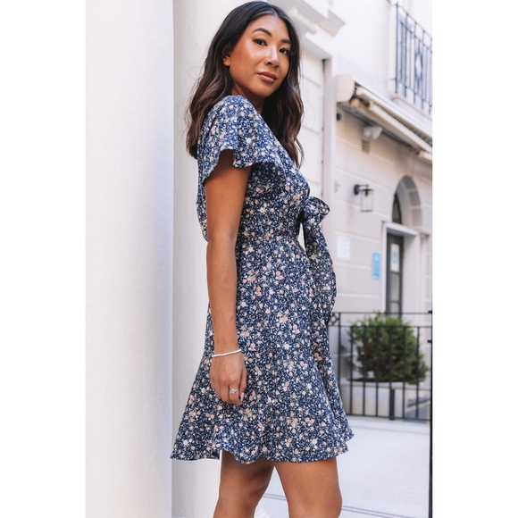 390 New BOUTIQUE Floral Print Tie Knot Ruffled Short Sleeve Mini Dress - Picture 6 of 10